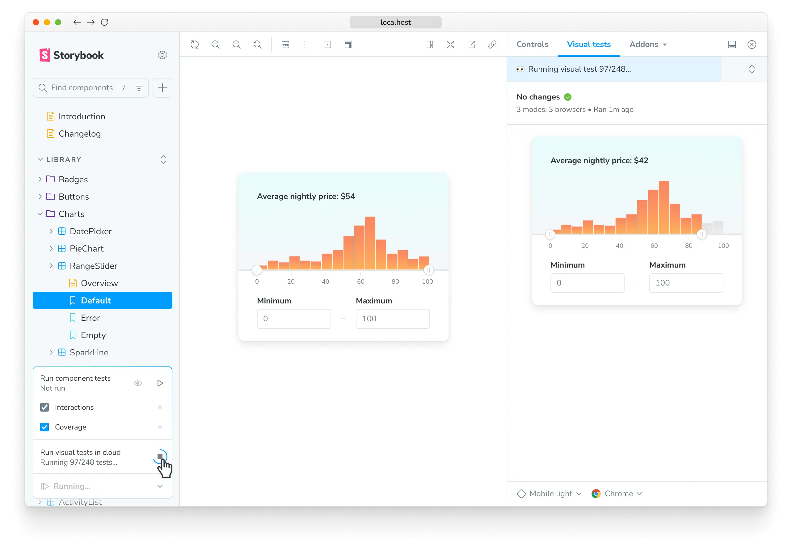 Storybook running visual tests with the addon. The play button displays a progress indicator